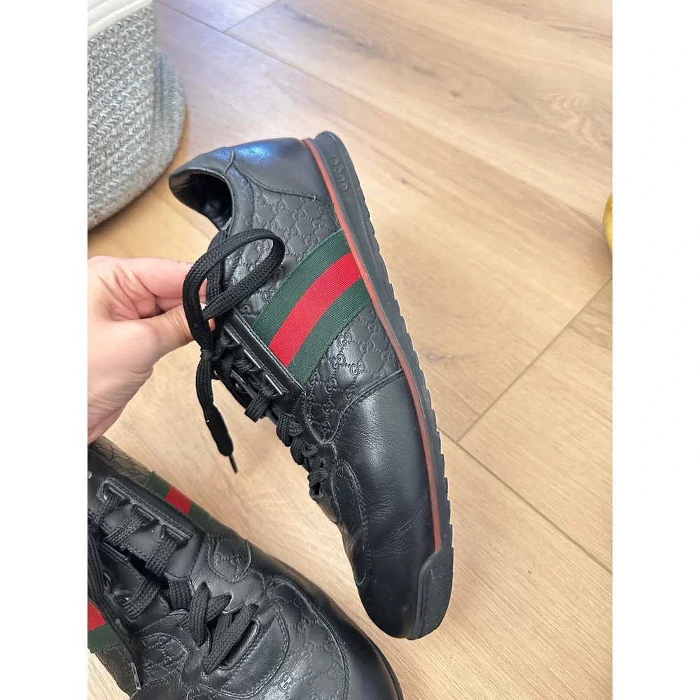 Gucci Mens Black Guccissima Leather Web Stripe Low Top Sneakers size 10